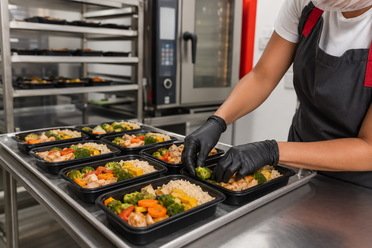 Preparo profissional de porções saudáveis em embalagens pretas em cozinha organizada.