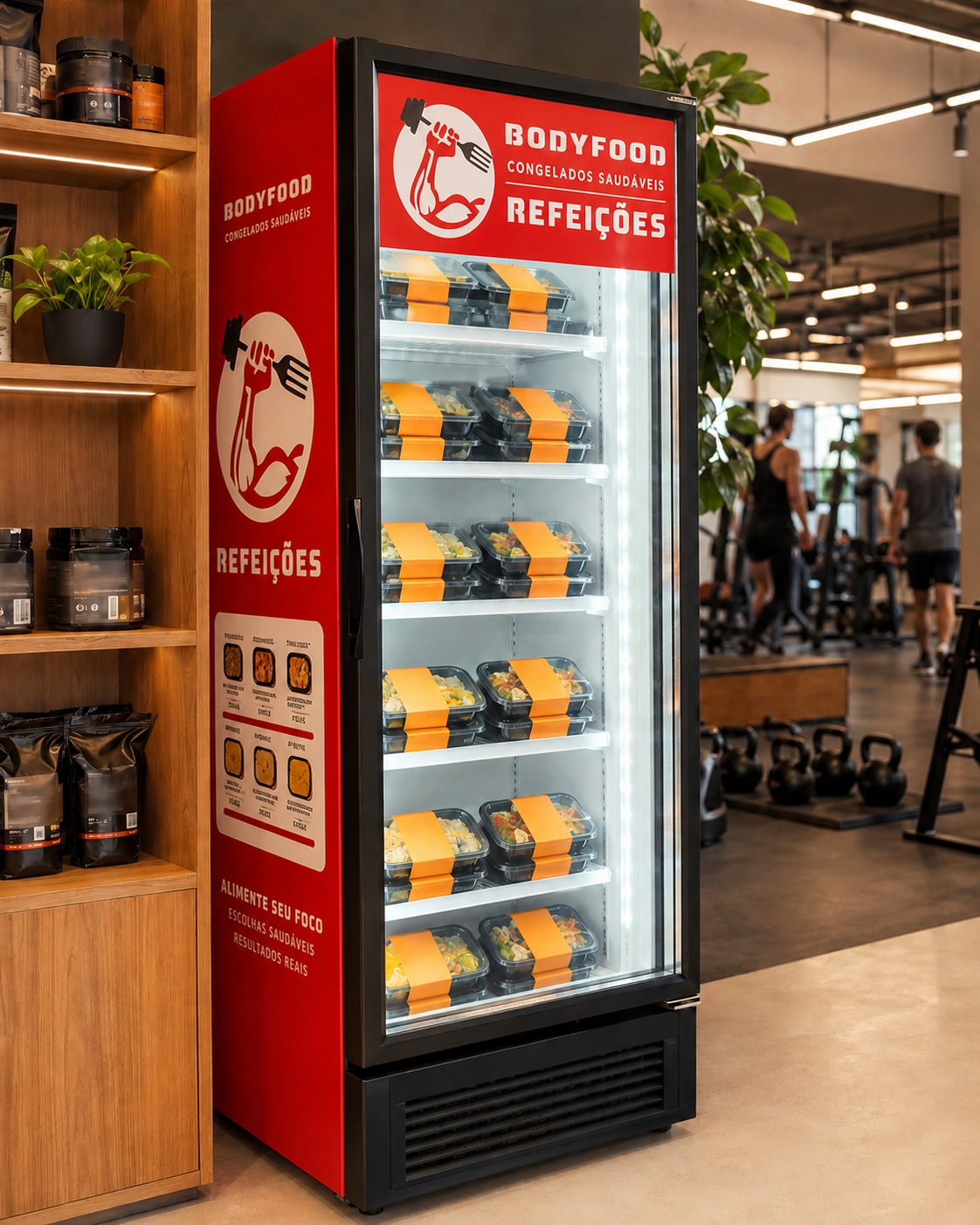 Geladeira vermelha BodyFood em um ponto parceiro organizado.