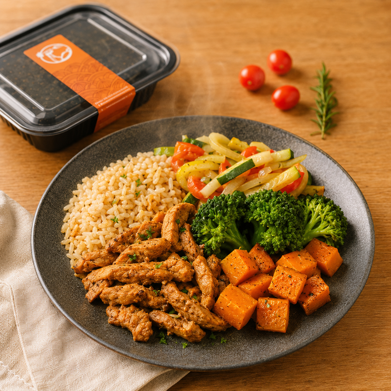 Prato servido com arroz integral, frango, brócolis e vegetais coloridos.